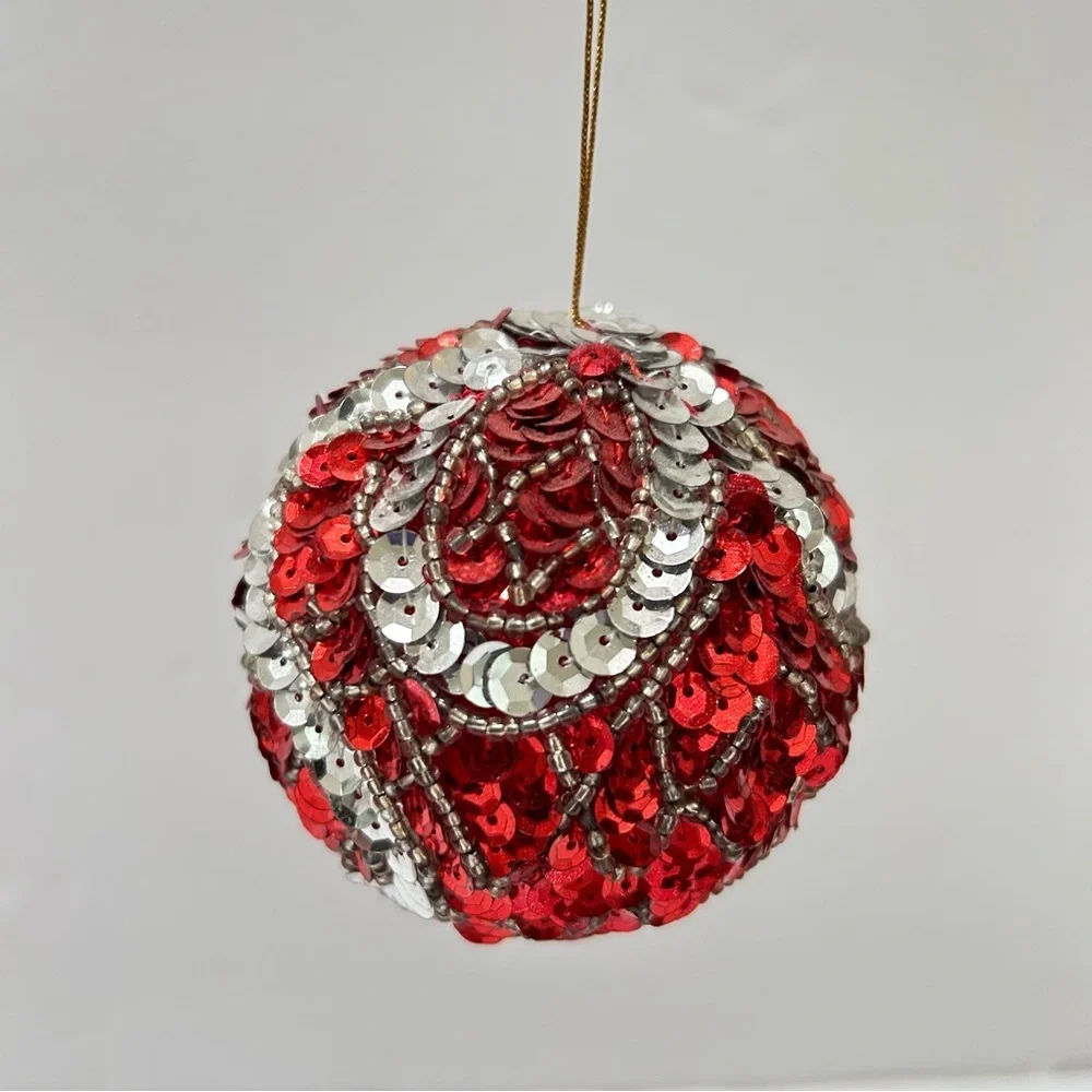 Vintage Red and silver Sequined Christmas Ornament